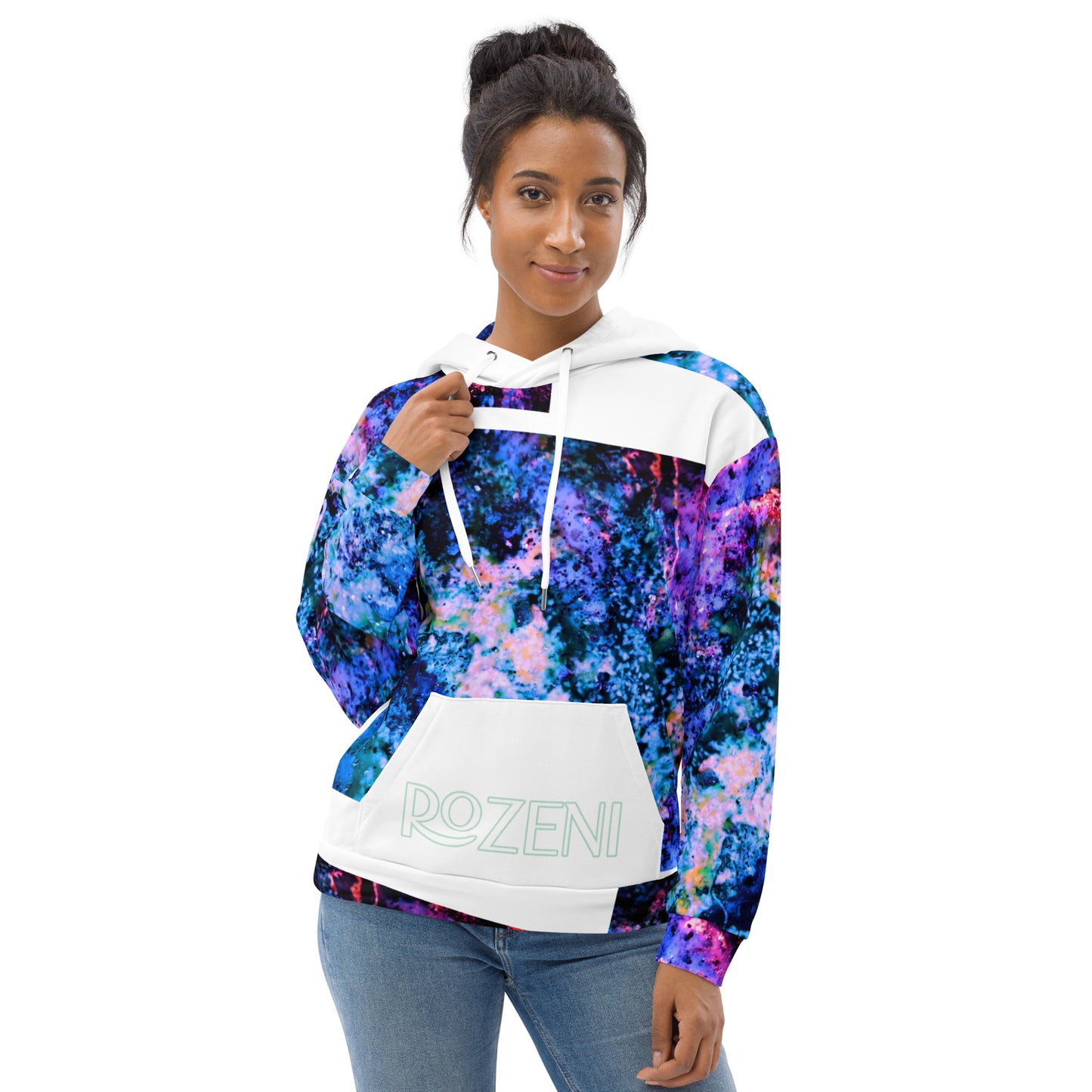 Rozeni Unisex Hoodie Coral Blue White Art