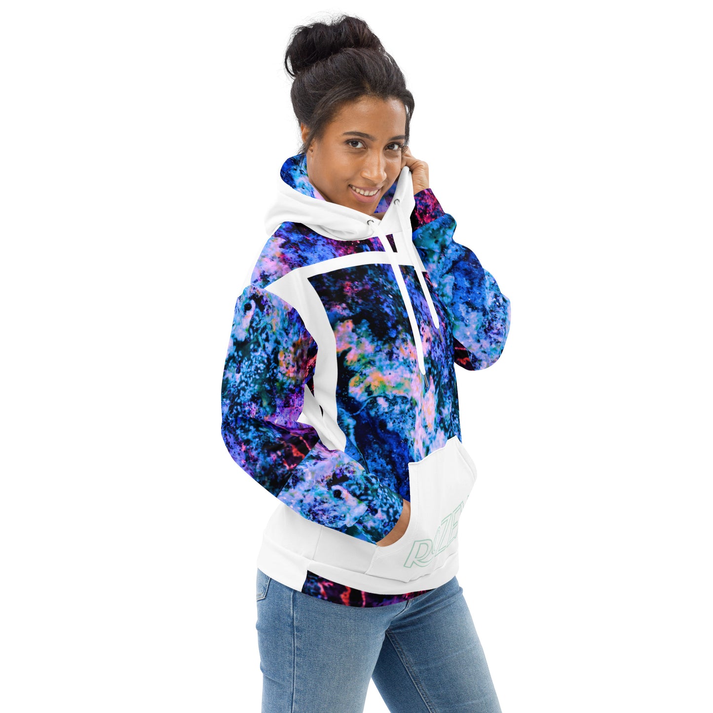 Rozeni Unisex Hoodie Coral Blue White Art