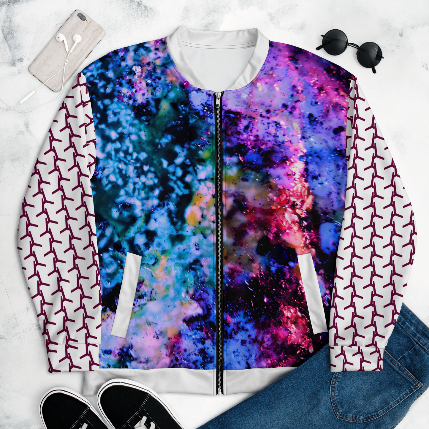 Rozeni Bomber JacketBlue Coral Burgandy Spikes