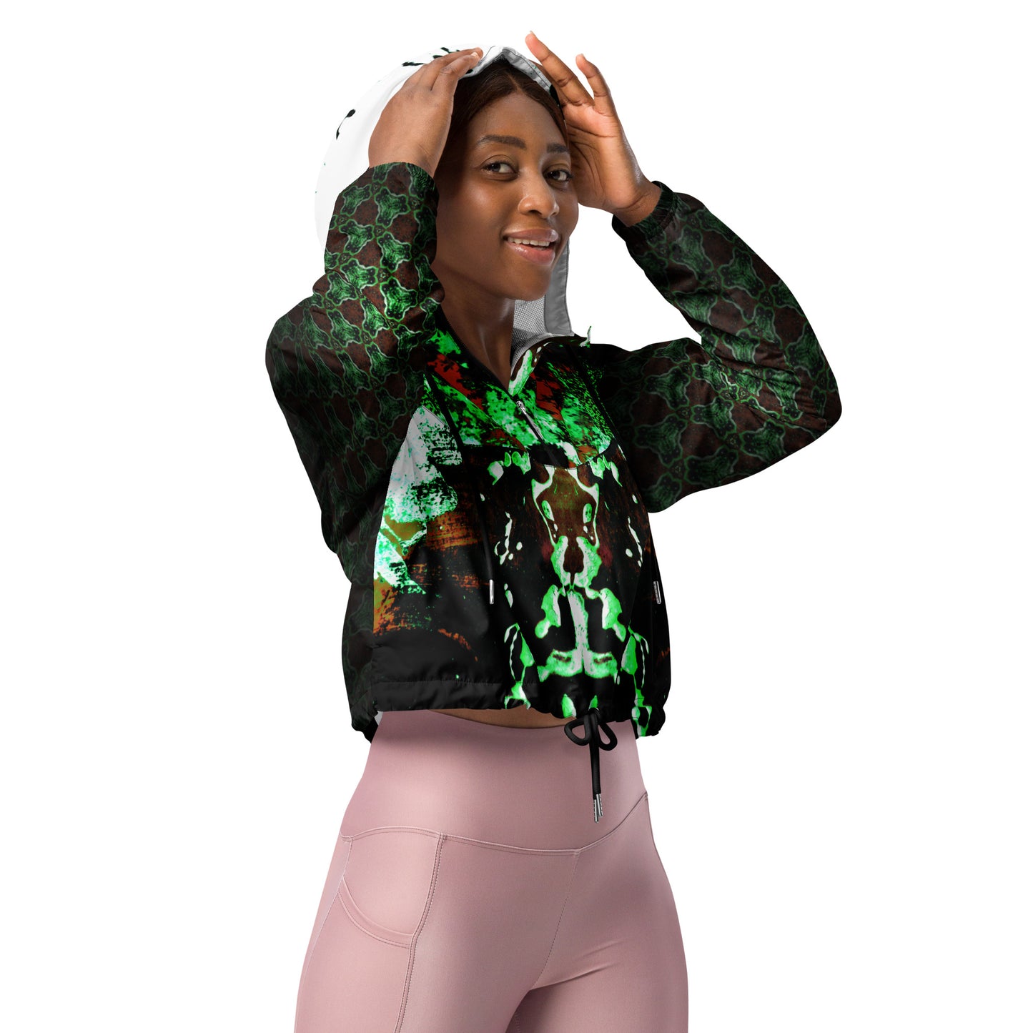 Entizen Green Art Cropped Windbreaker White Hood